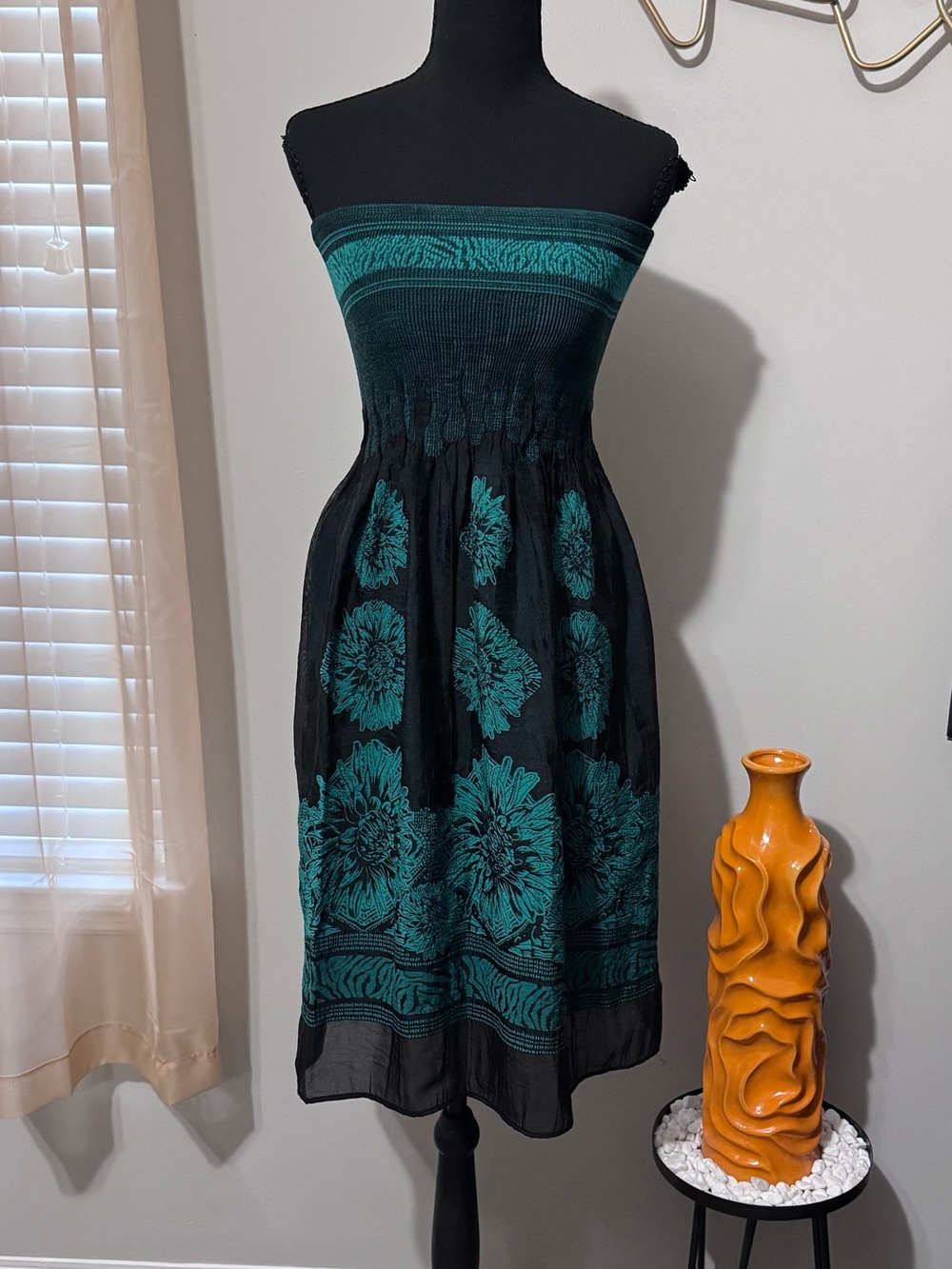 Strapless Black & Teal Floral Sundress